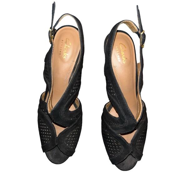 Clarks Artisan‎ Wessex Shay Pump Black Suede Laser Cut Peep Toe Heel Womens 7 - Picture 8 of 9